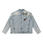 Supper tuff religious iconography -Vintage Wash Zip Denim Jacket