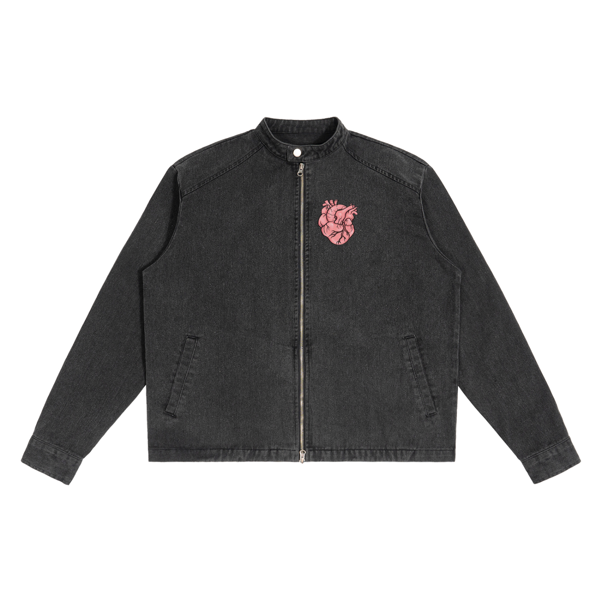 Asian talisman on the back with cool heart on front Denim Vintage Washed Jacket