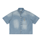 Ethiopian design on the back light bringers up tomorrow -Unisex Vintage Wash Boxy Short Denim Shirt