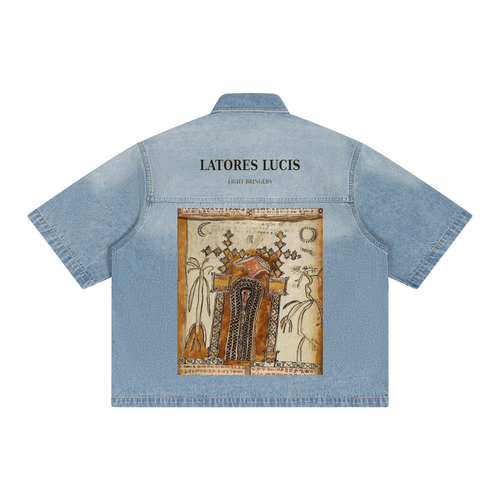 Ethiopian design on the back light bringers up tomorrow -Unisex Vintage Wash Boxy Short Denim Shirt