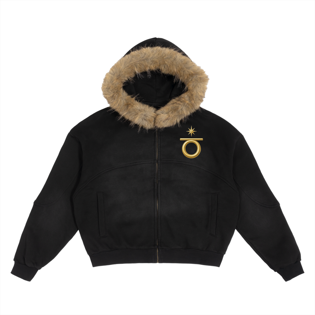 Ides of March mixed with surrealist pain Sun Fade Boxy Detachable Fur Hoodie