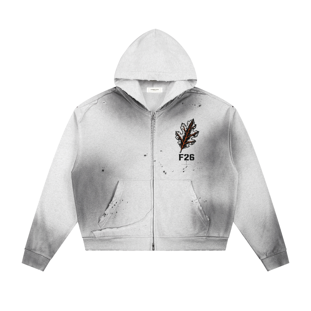 LBO2-Sun Fade Frayed Raw Edge Fleece Zip Hoodie